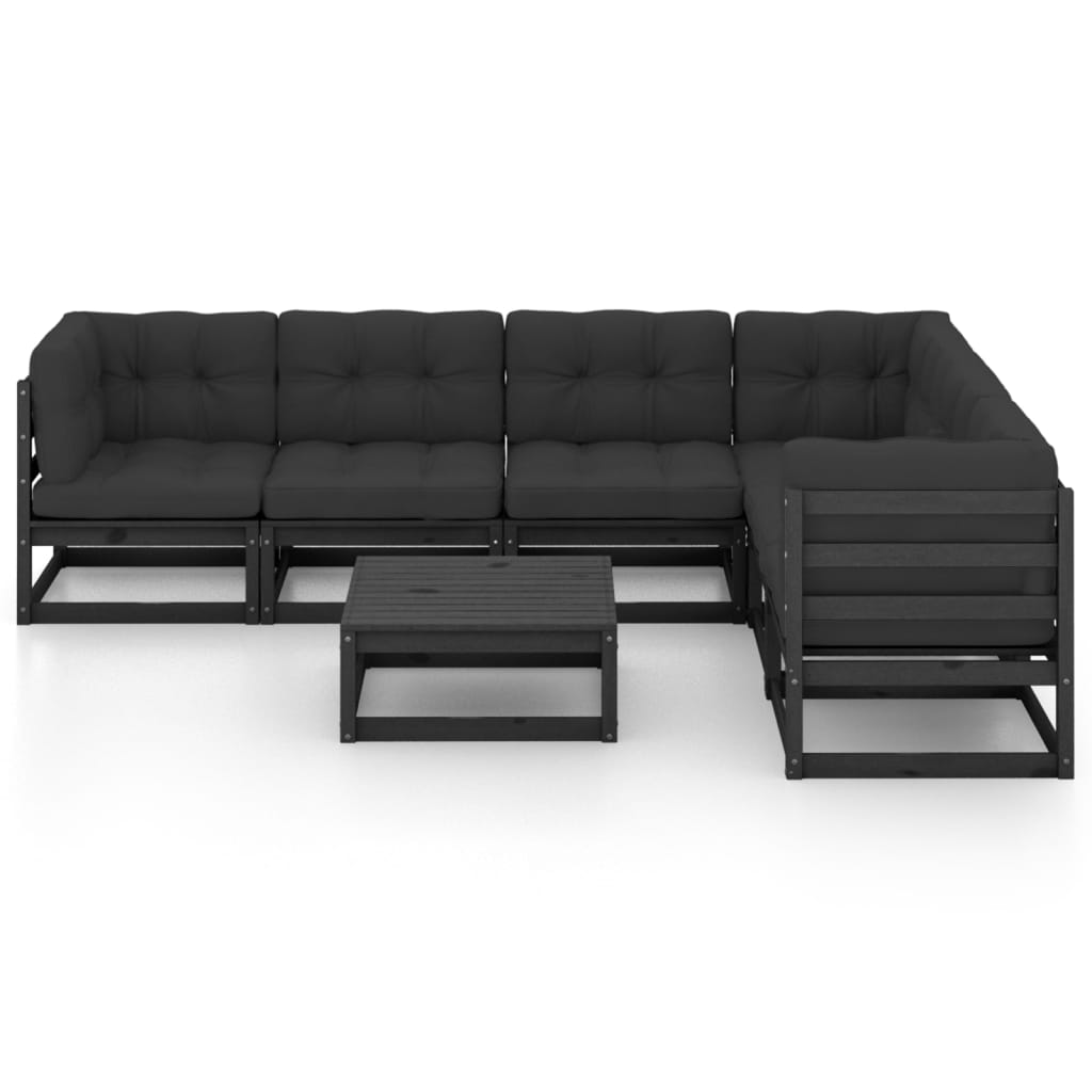 7-tlg. Garten-Lounge-Set mit Kissen Schwarz Kiefer Massivholz